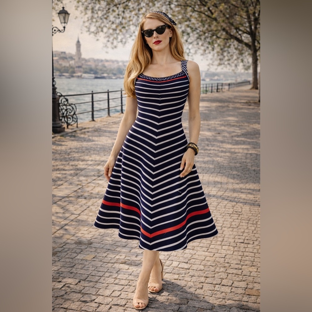 Elegant Navy and White Striped Dress